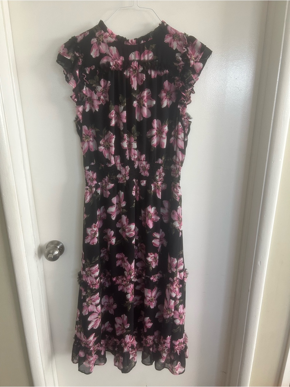 CeCe Black Midi Dress with Pink Floral Print